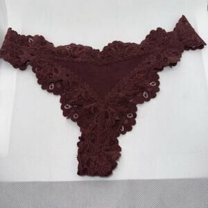 NWT AERIE Thong Sz XS Purple Burgundy Cotton Jersey Lace